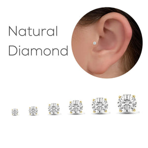 Diamond Tragus Piercing: The image is a collage of images depicting various sizes of natural diamond earrings.