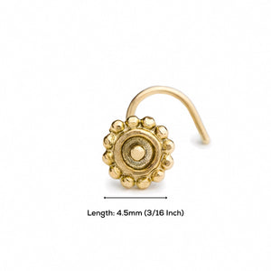 A gold-colored nose ring with a decorative design, accompanied by a measurement scale indicating its length.
