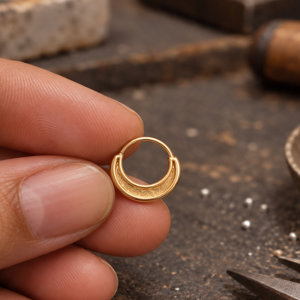 A hand holding a small gold-colored ring with a crescent moon design.