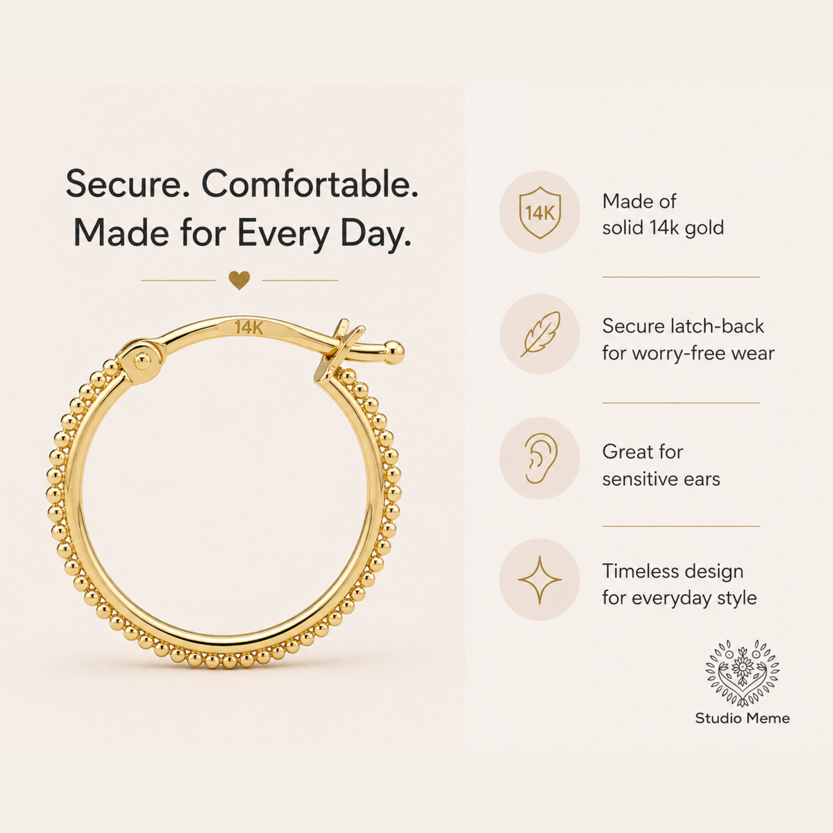 a gold hoop earring with a detailed description of its features and benefits.