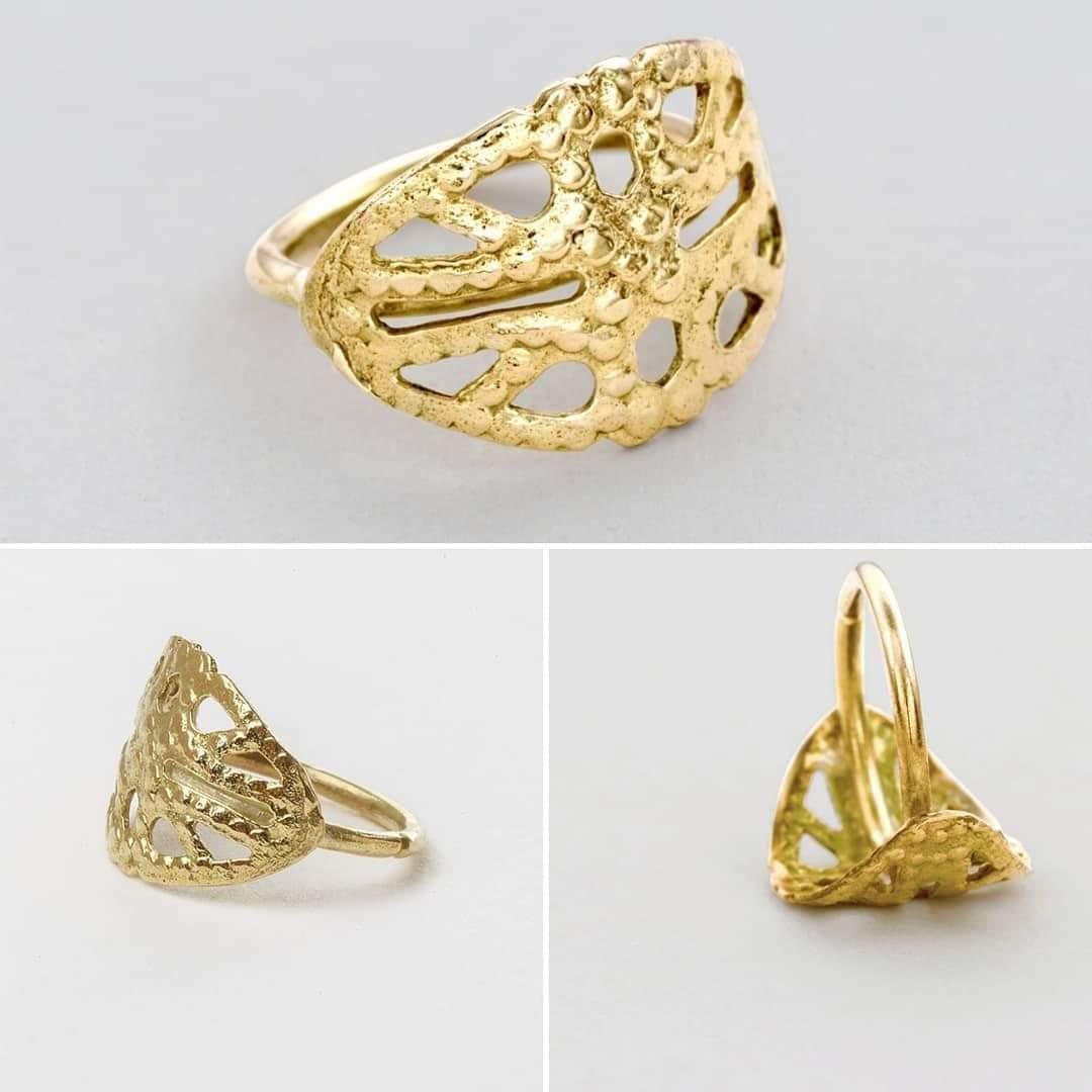 The image is a collage of three photos showing different views of a gold ring with an intricate, leaf-like design.