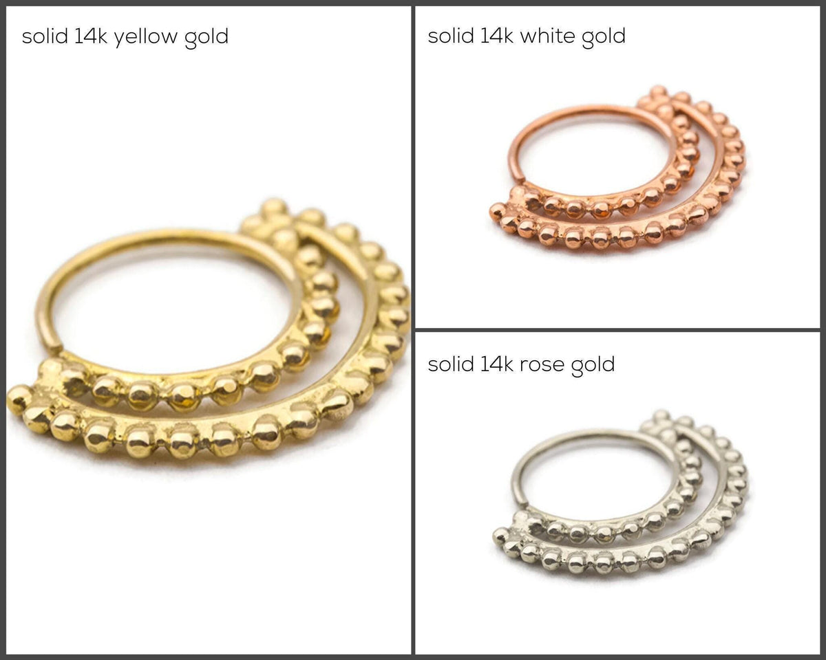 The image is a collage of three images showing different types of 14k gold and 14k white gold jewelry, including a 14k rose gold ring and a 14k white gold ring.