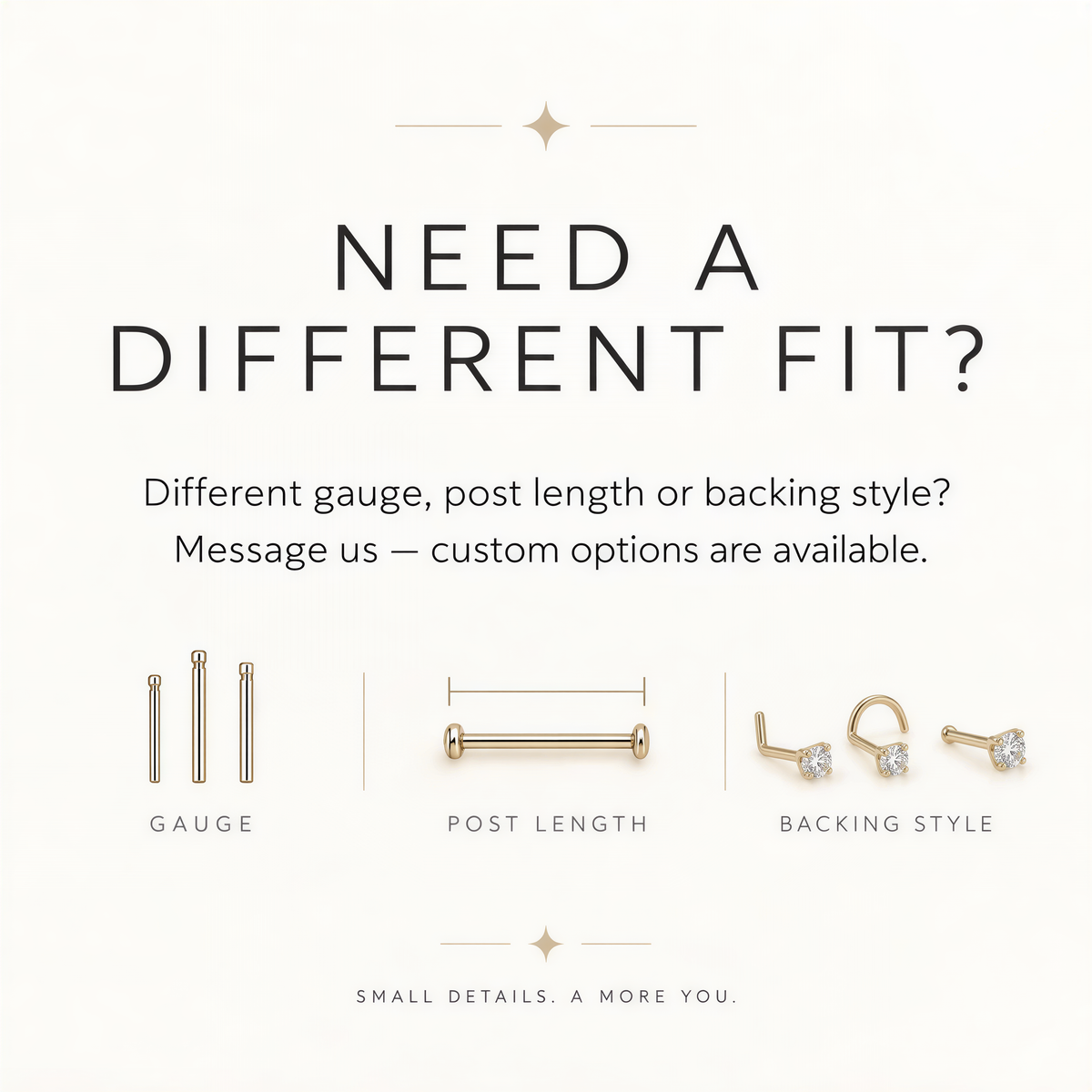 The image is a promotional graphic for jewelry, specifically nose piercings. It features three different types of nose piercings and their corresponding gauges, post lengths, and backing styles. The text asks the viewer if they need a different fit, and provides custom options for each aspect of the piercing. The image is a collage of three separate images, and the text is concise and avoids redundancy.