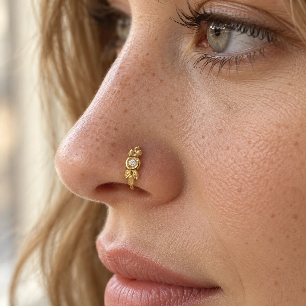 A close-up of a woman's face, focusing on her nose and the gold nose ring with a leaf design.