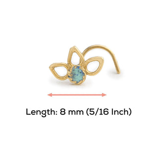 A gold-colored nose ring with a blue gemstone in the center, accompanied by a measurement indicating the length of the nose ring is 8 millimeters (5-16 inches).