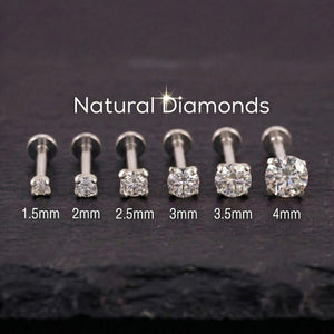 A collection of six diamond-encrusted nose studs in various sizes, ranging from 1.5mm to 4mm, with the largest size being 3.5mm.