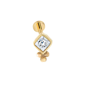 Genuine Square Diamond Solid 14k Gold Tragus Flat Back: A gold-colored earring with a diamond-shaped gemstone set in the center, surrounded by small gold-colored stones.