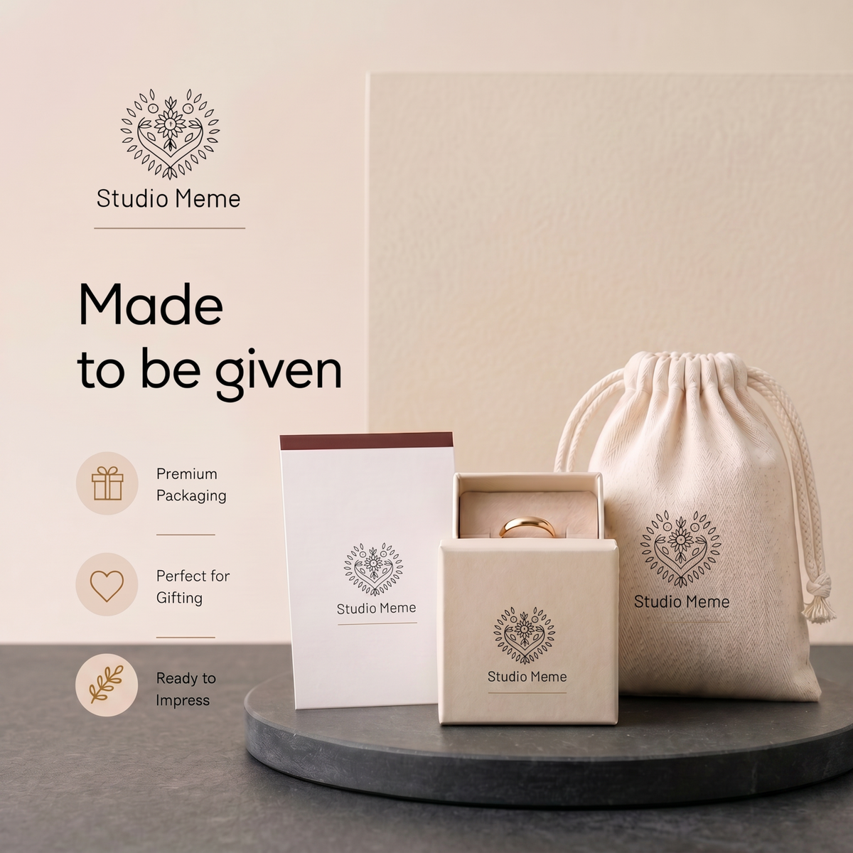 a set of jewelry packaging and a drawstring bag, all branded with the Studio Meme logo.