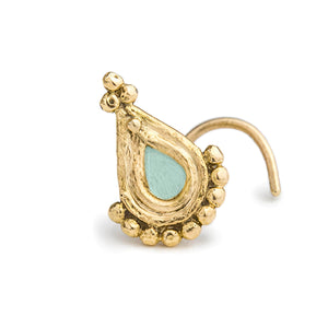 Nose Jewelry: A gold-colored nose ring with a teardrop-shaped gemstone in the center.