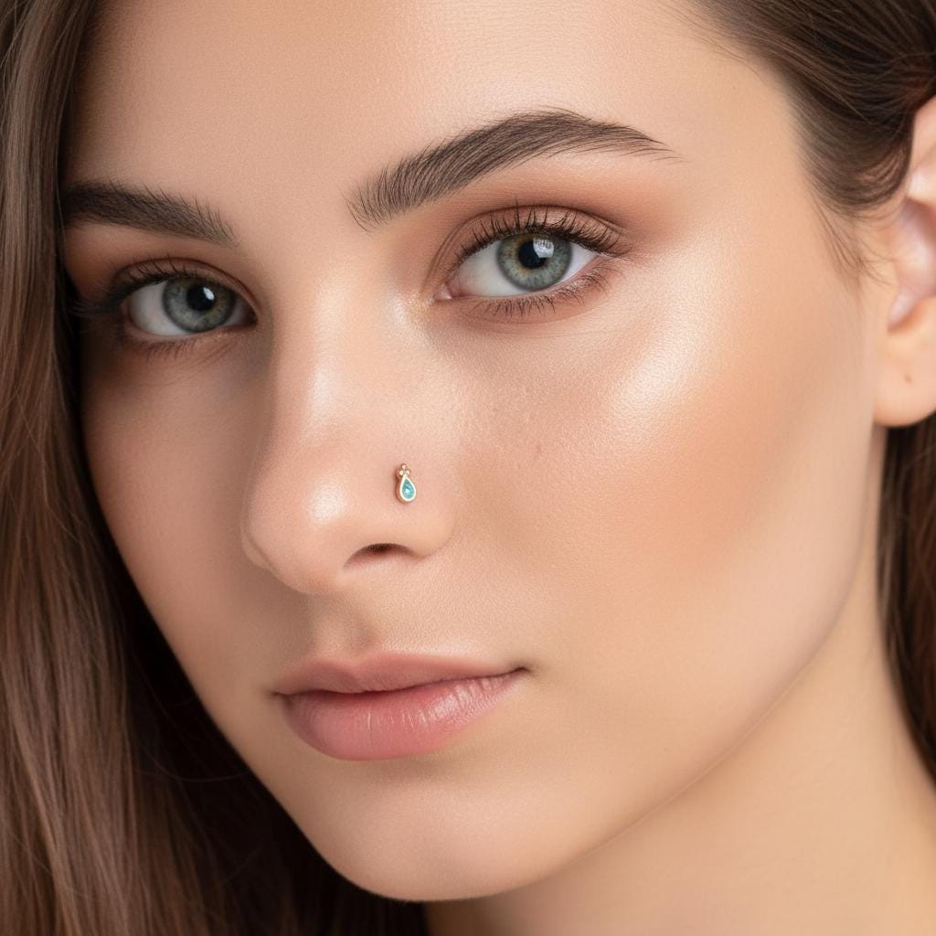 A close-up portrait of a woman with long brown hair, wearing a nose stud.