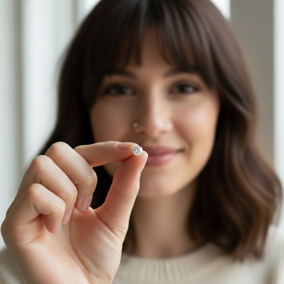 A woman with brown hair is holding up a small diamond in front of her face, smiling at the camera.