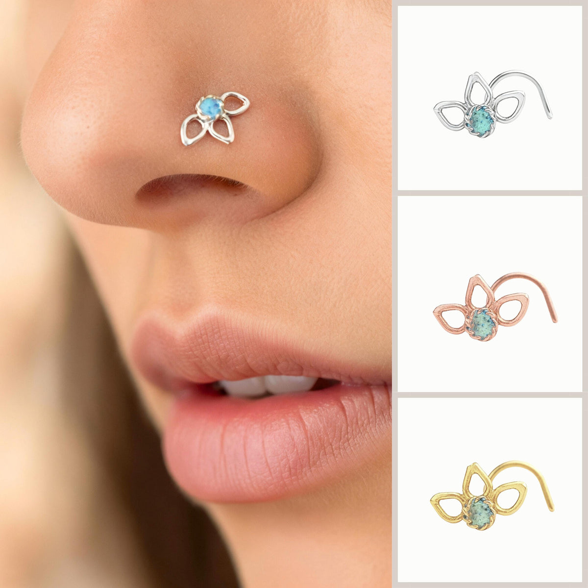 The image is a collage of four images showing different nose ring designs. The first image features a silver nose ring with a blue gemstone. The second image shows a gold nose ring with a blue gemstone. The third image displays a silver nose ring with a green gemstone. The fourth image shows a gold nose ring with a green gemstone.