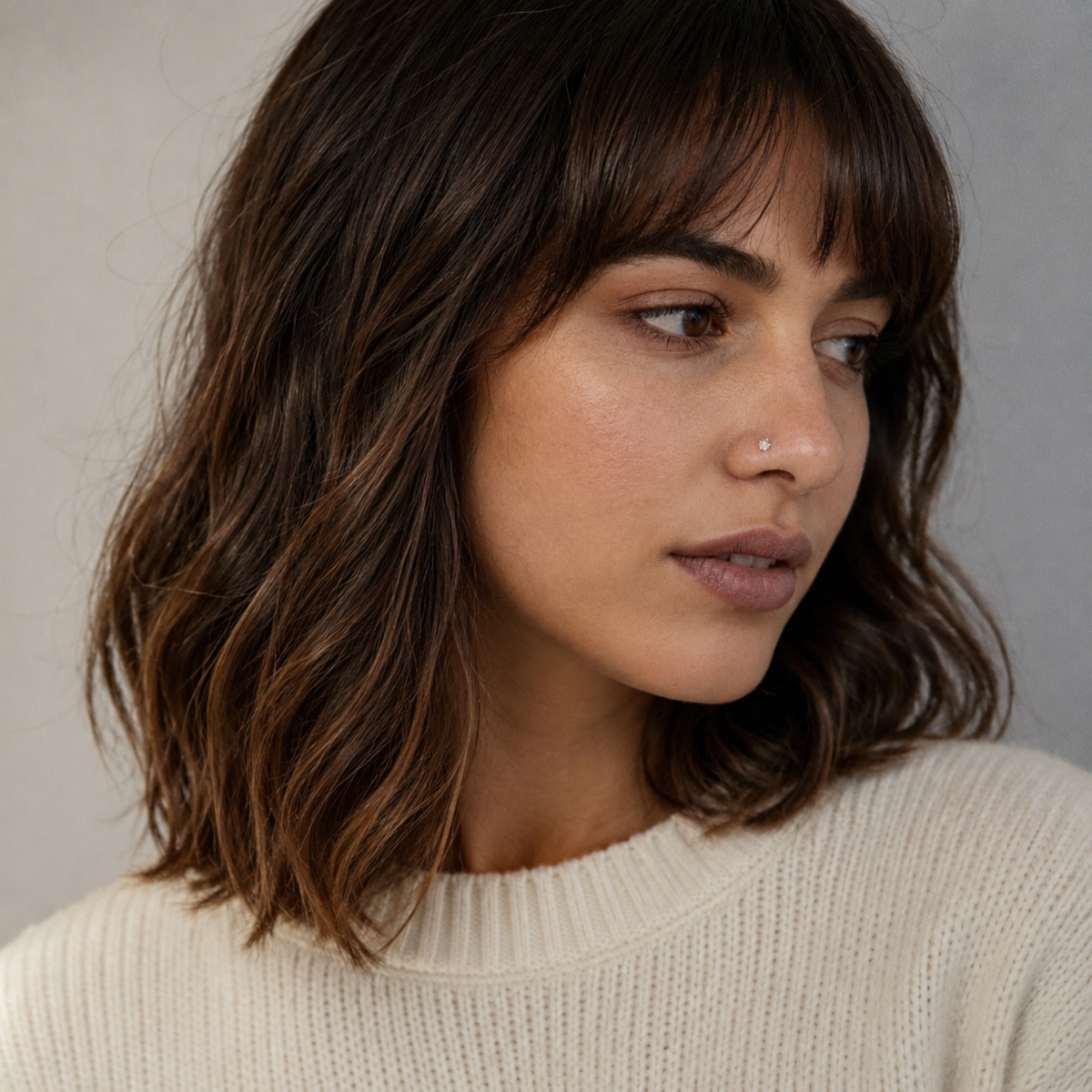 A close-up portrait of a woman with long, wavy brown hair and bangs, wearing a white sweater.