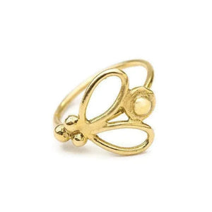 A gold-colored ring with a decorative design featuring a butterfly-like shape and three small balls.