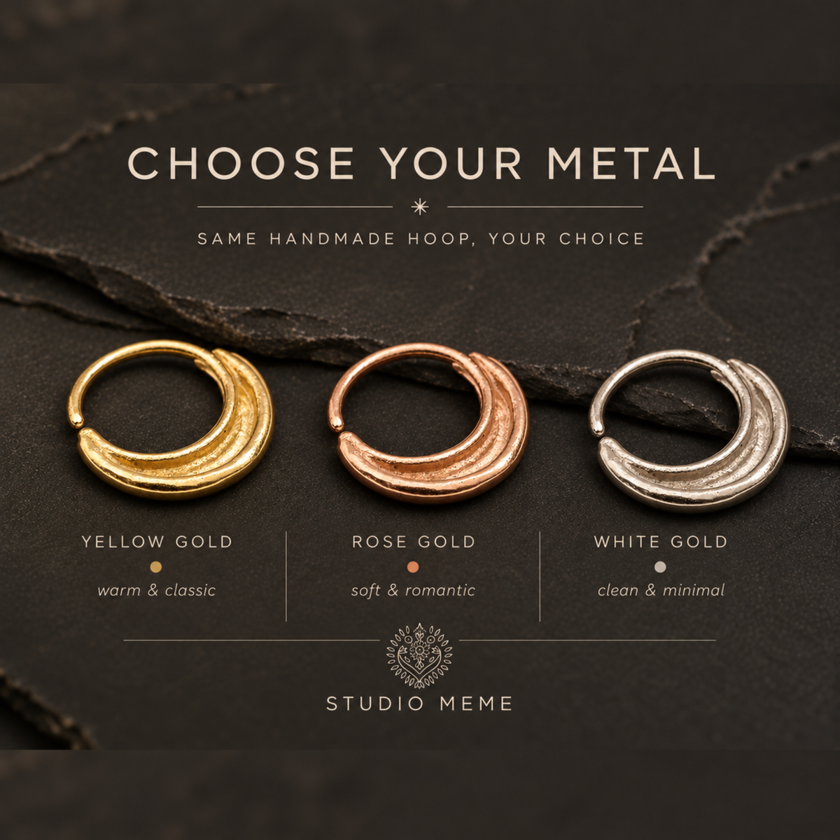 three different types of metal hoop earrings, each with a unique color and description, presented on a dark background.