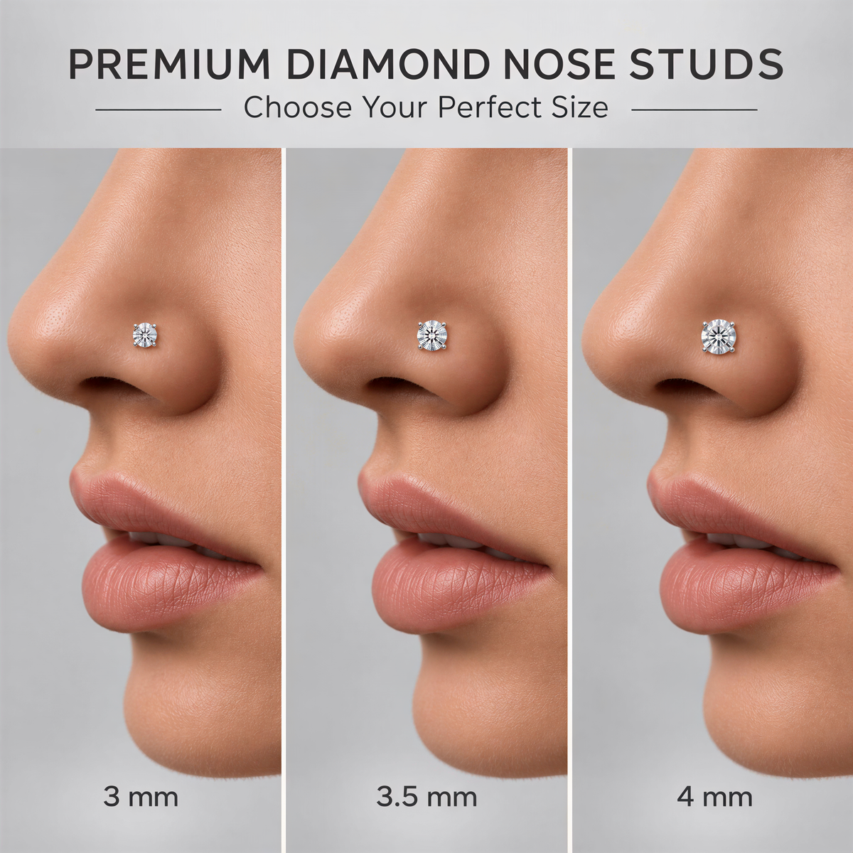 The image is a collage of three close-up photos of a person's nose with a diamond nose stud, each showing a different size of the stud.