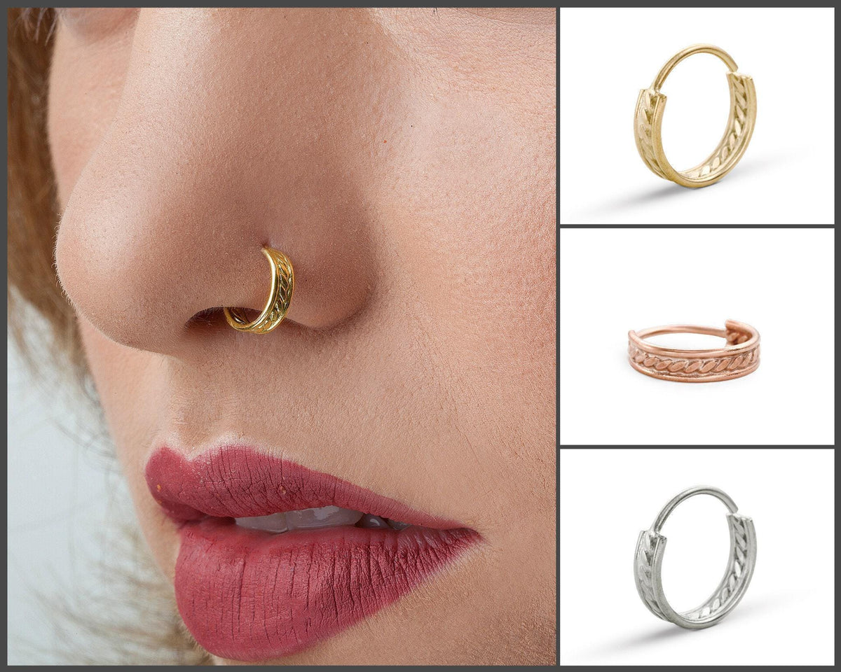 A collage of four images showing different types of nose piercings, including gold, silver, and copper rings.