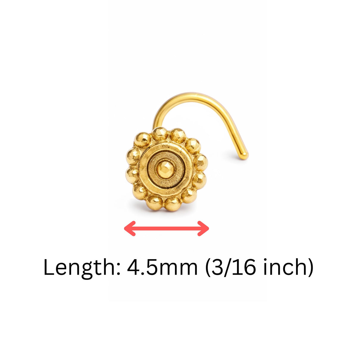 A gold-colored nose ring with a floral design, and the image provides the length of the nose ring in millimeters.