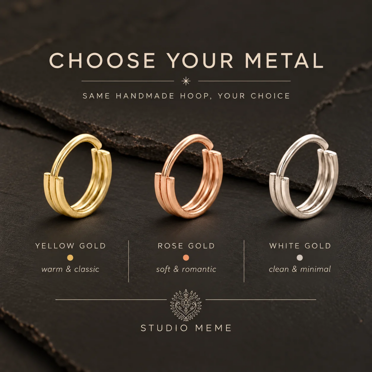 three different types of metal hoop earrings, each with a unique color and description, against a dark background.