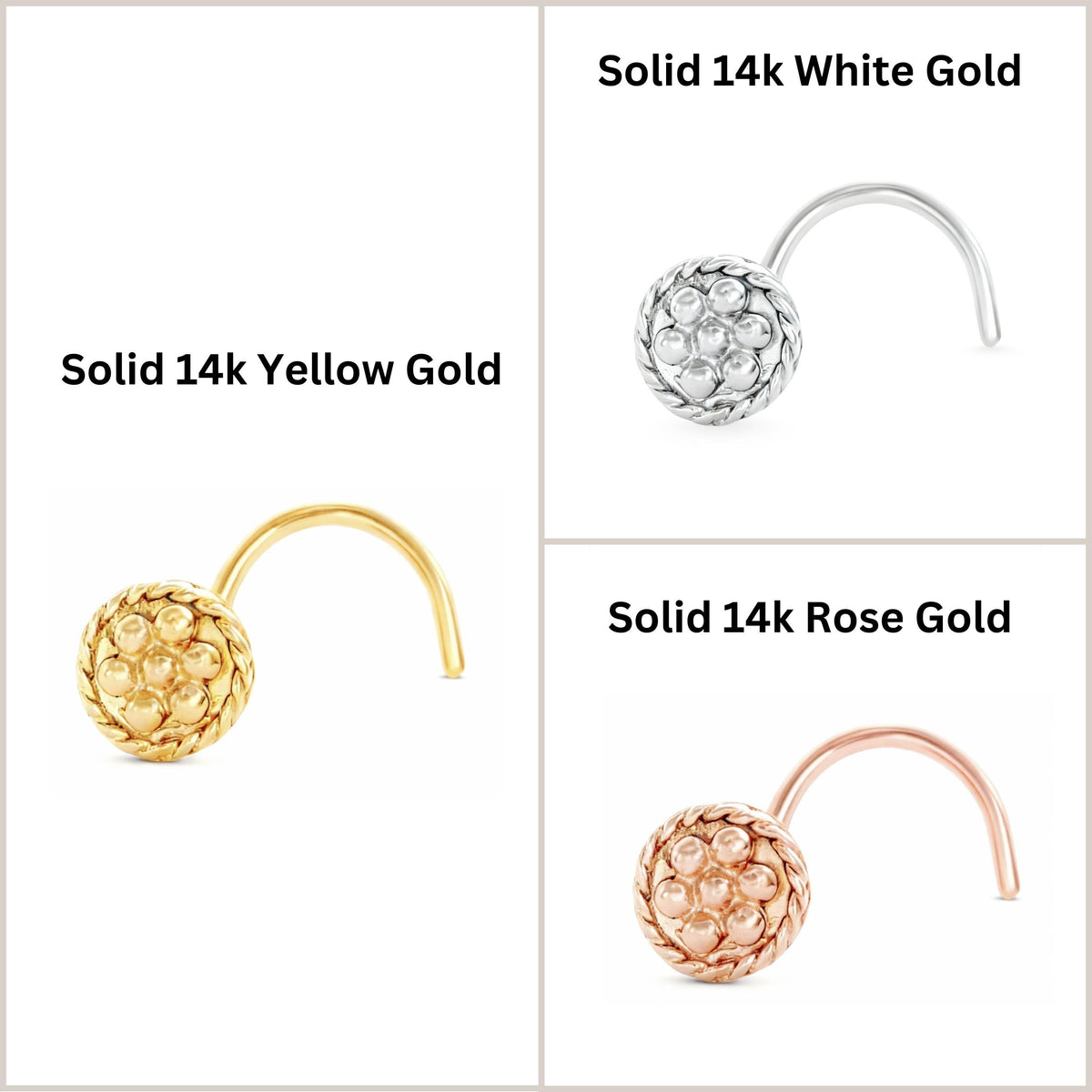 Four different types of nose piercings, each with a distinct color and material. The first piercing is solid 14k white gold, the second is solid 14k yellow gold, the third is solid 14k rose gold, and the fourth is solid 14k rose gold.