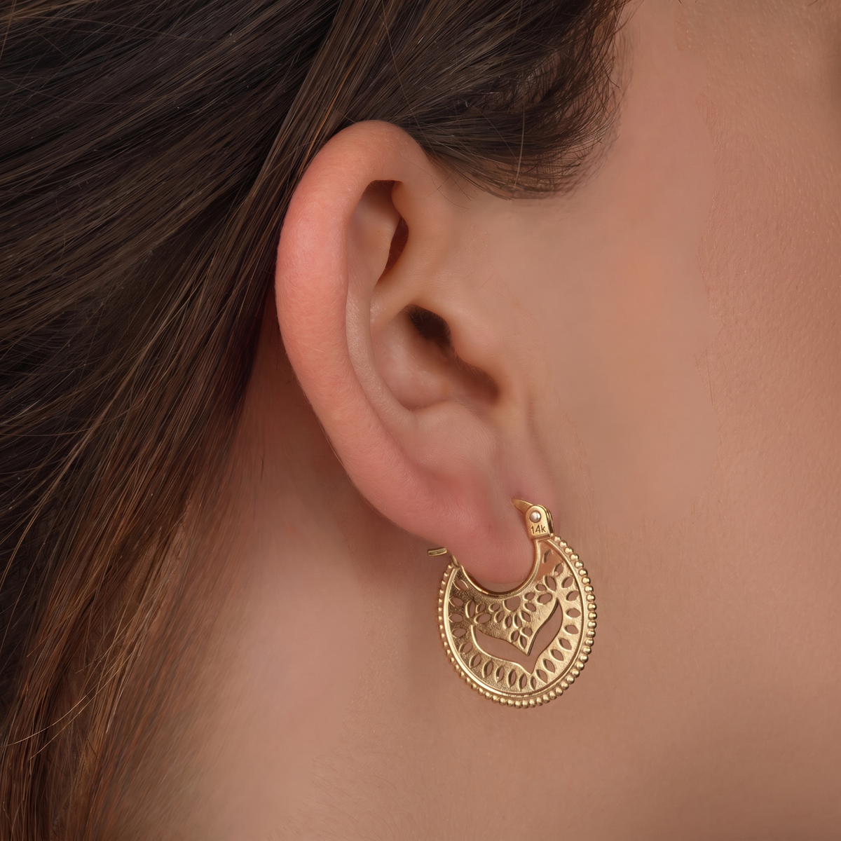 Solid 14k Gold Mandala Hoop Earrings — Boho Filigree