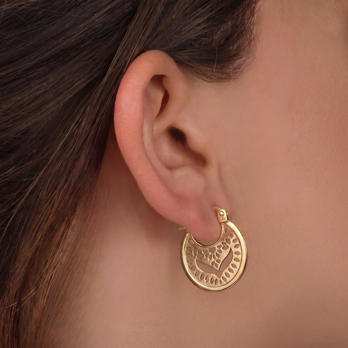 Solid 14k Gold Mandala Hoop Earrings — Boho Filigree Statement
