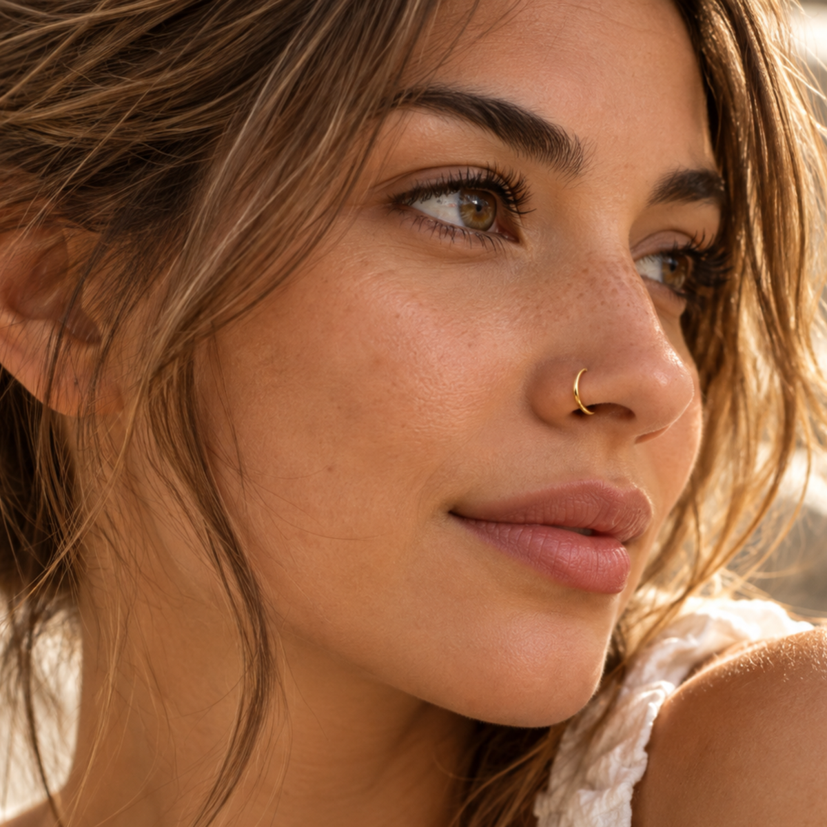 A close-up portrait of a woman with long, wavy brown hair and a nose ring, looking pensively to the side.