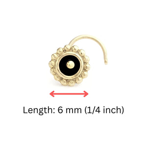 A gold-colored nose ring with a black center and a decorative pattern around it, accompanied by a red line indicating the length of the nose ring, which is 6 mm (1/4 inch).