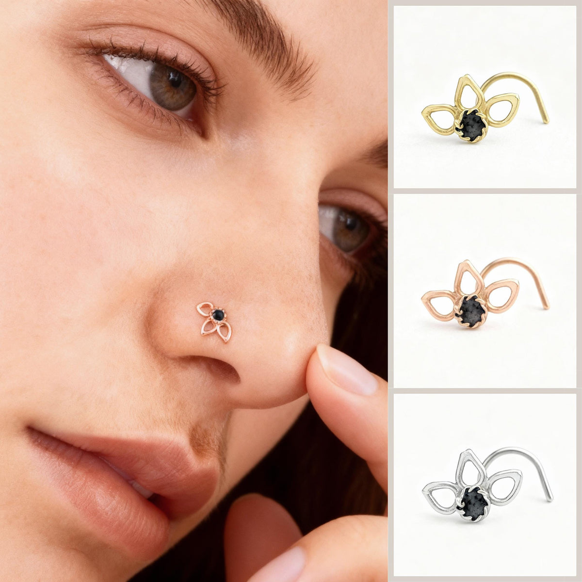 A close-up of a person's face, focusing on their nose and fingers, with a close-up of a nose piercing featuring a flower-shaped design.