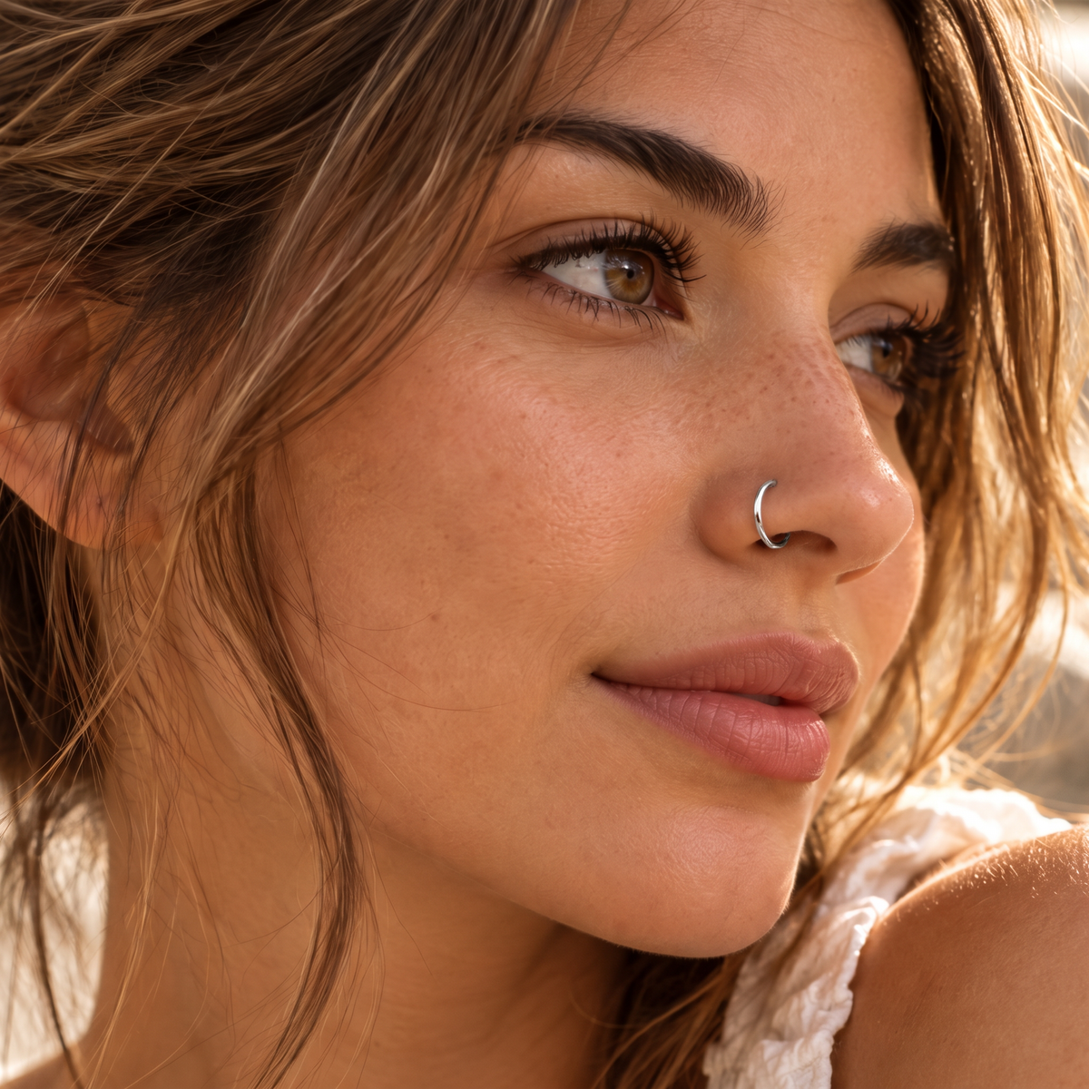 A close-up portrait of a woman with long, wavy brown hair and a nose ring, looking pensively to the side.