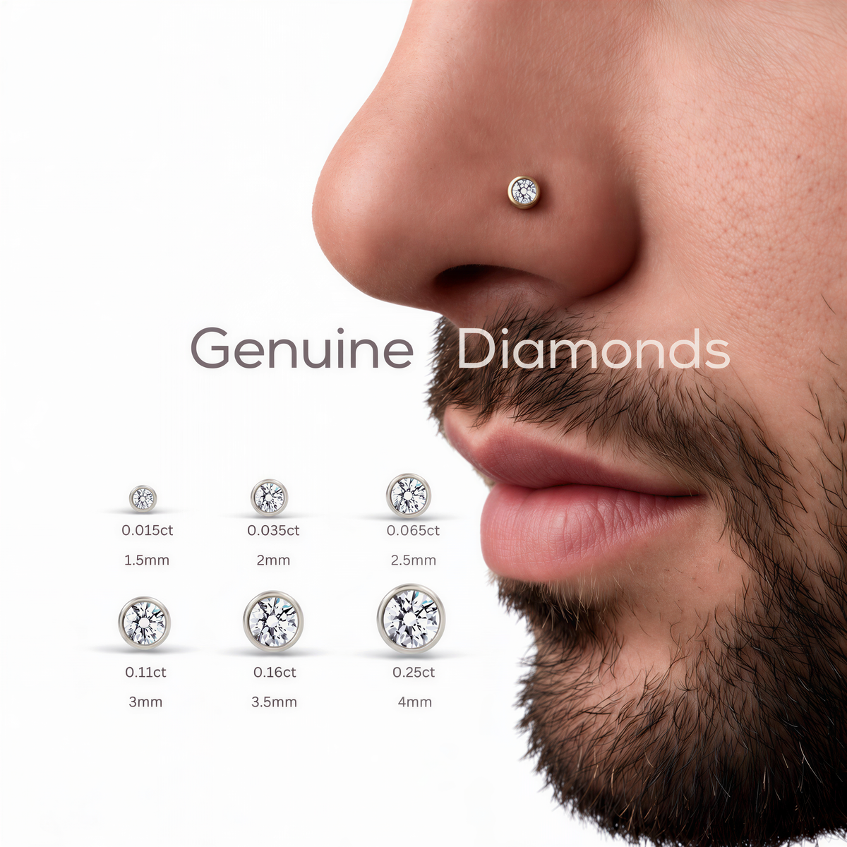 The image is a close-up of a man's nose with a nose ring, accompanied by a series of diamond sizes and their corresponding measurements.