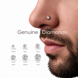 The image is a close-up of a man's nose with a nose ring, accompanied by a series of diamond sizes and their corresponding measurements.