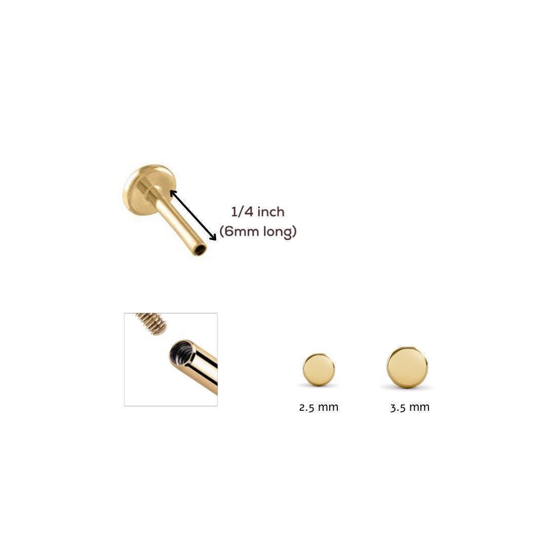 a gold-colored metal piece, possibly a piercing or jewelry item, with measurements and descriptions provided.