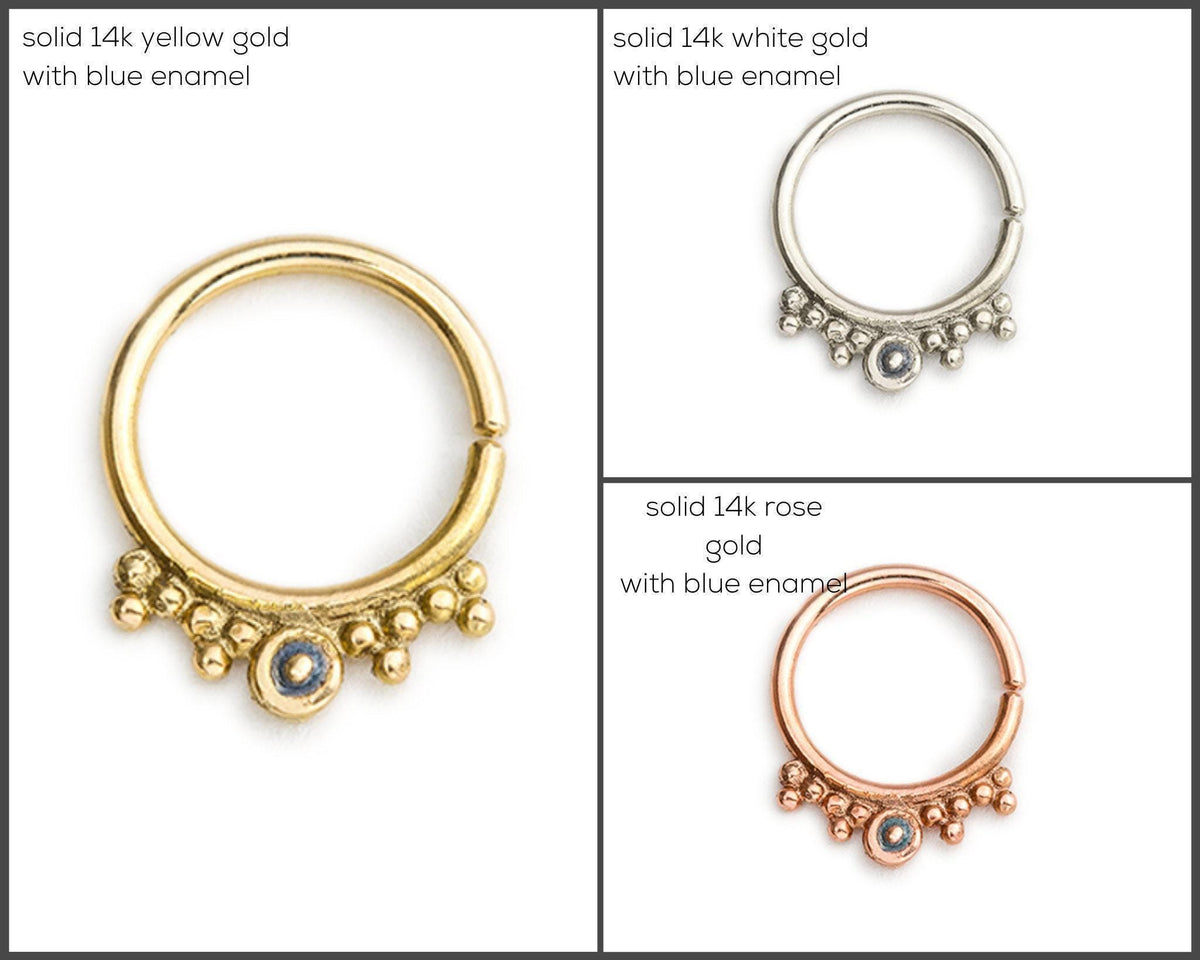 The image is a collage of three images showing different types of 14k gold rings with blue enamel, including solid 14k white gold with blue enamel and solid 14k rose gold with blue enamel.