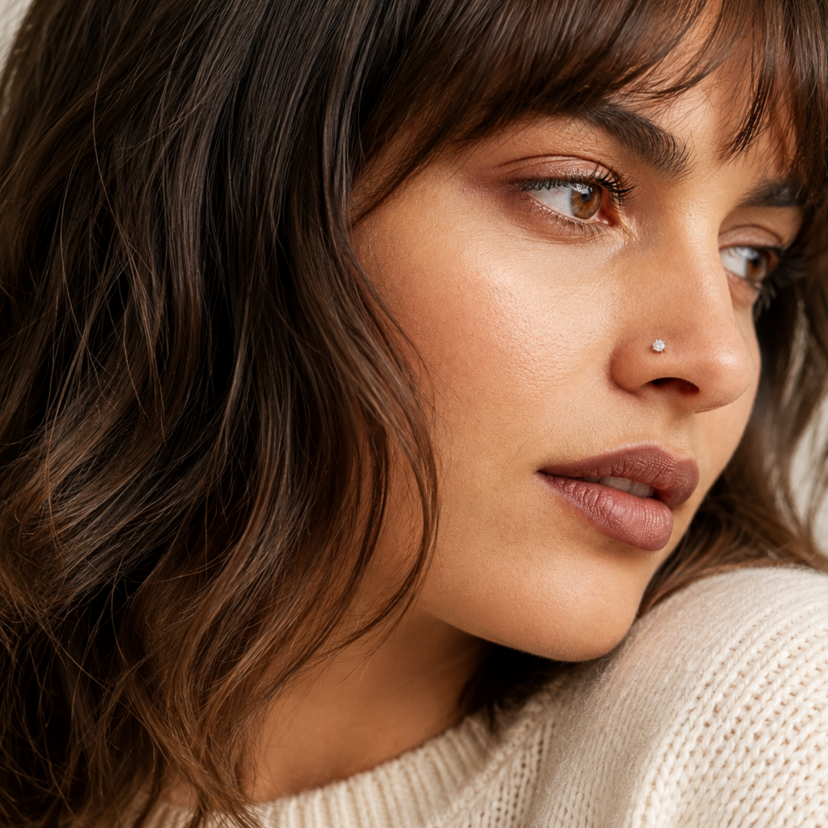 A close-up portrait of a woman with long, wavy brown hair and a neutral expression, wearing a white sweater.