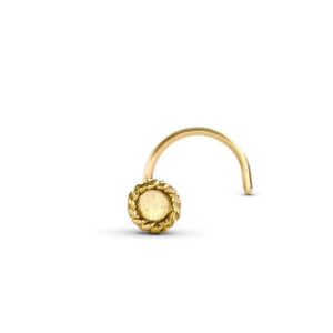 A gold-colored nose ring with a twisted design and a small circular element at the center.
