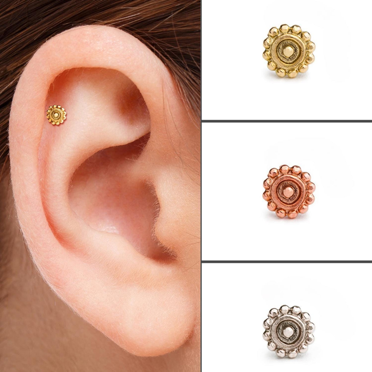 a close-up of a person's ear with a small, decorative earring in the earlobe.