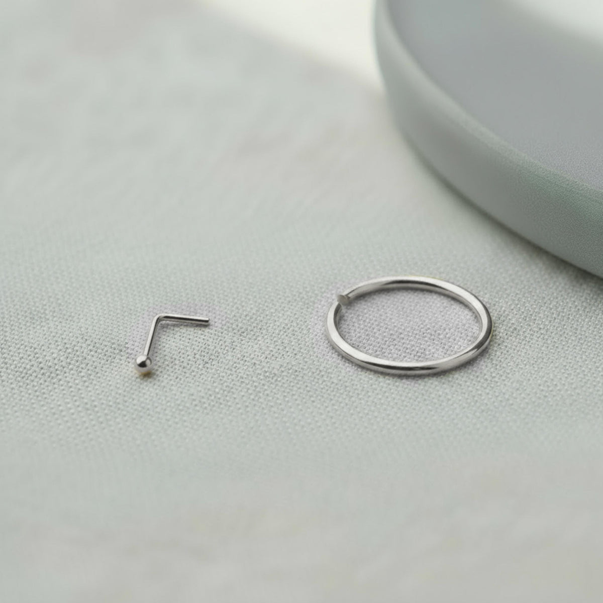 14K White Gold Nose Jewelry - Delicate Nose Hoop & Ball Stud Piercing Set