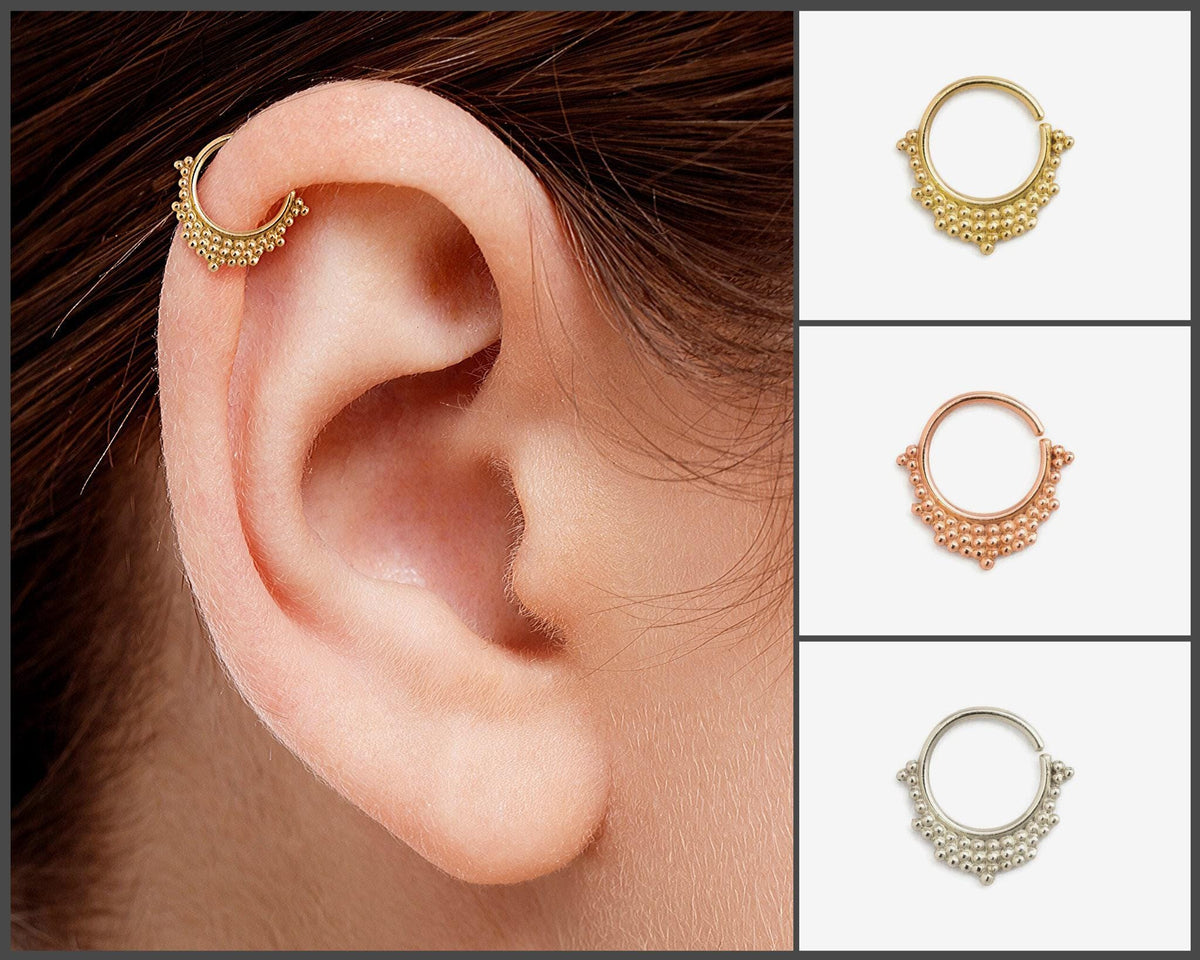 A close-up of a person's ear with a gold-colored earring, and three smaller images of similar earrings in different colors - gold, silver, and copper.