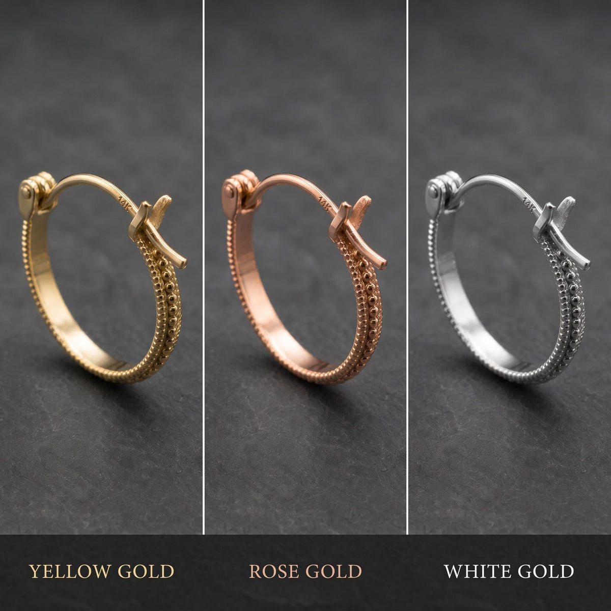 Yellow gold, rose gold, and white gold hoops
