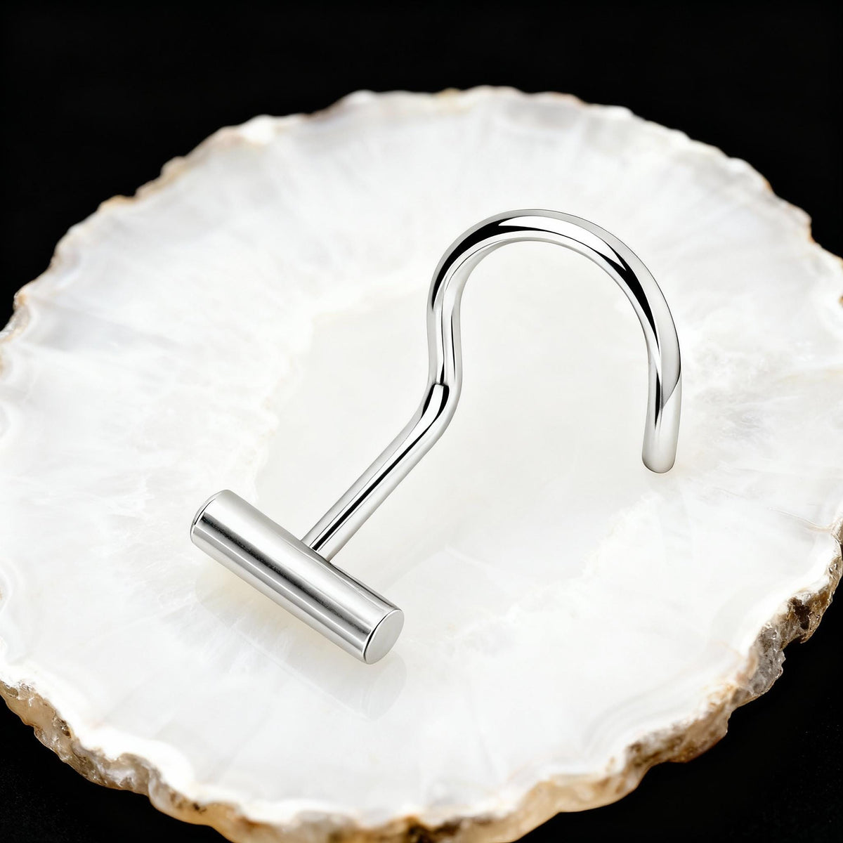 Dainty Nose Stud: A silver hook is resting on a white, circular stone or plate.