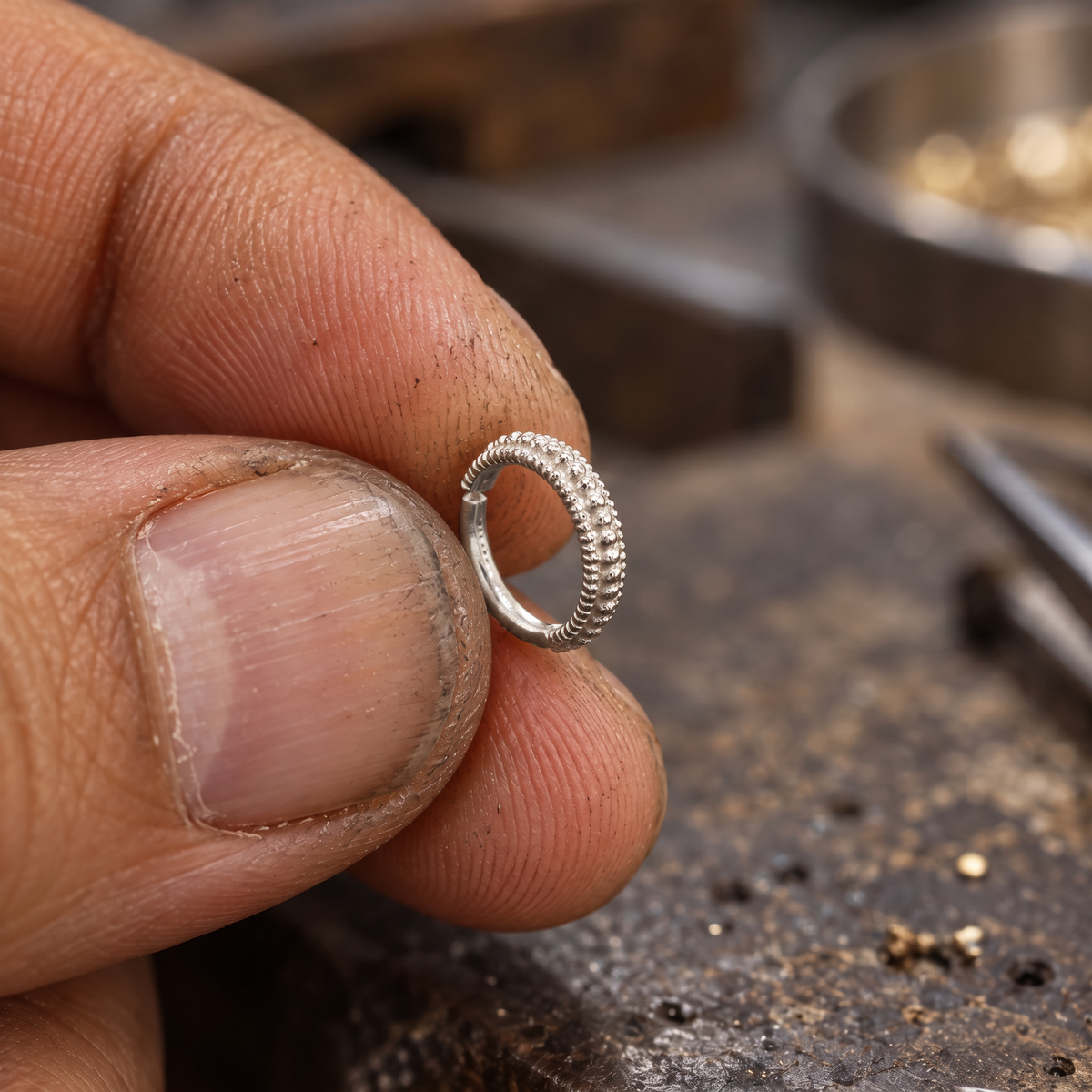 A close-up image of a person's hand holding a small, intricately designed ring.