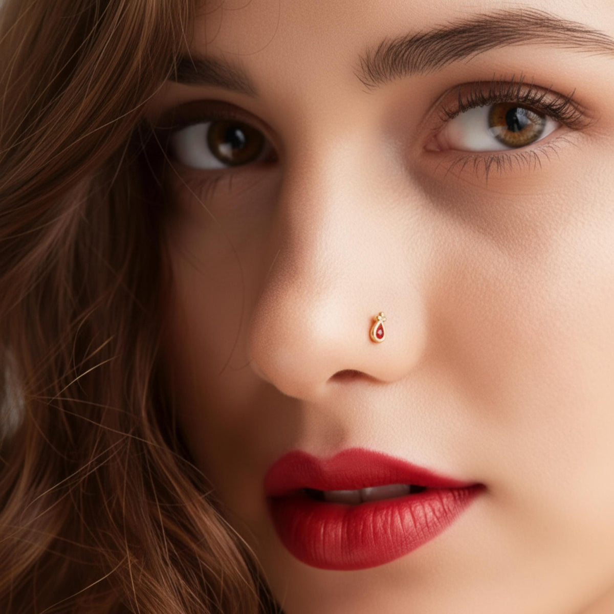 A close-up of a woman's face, focusing on her nose and lips, with a gold nose ring visible.