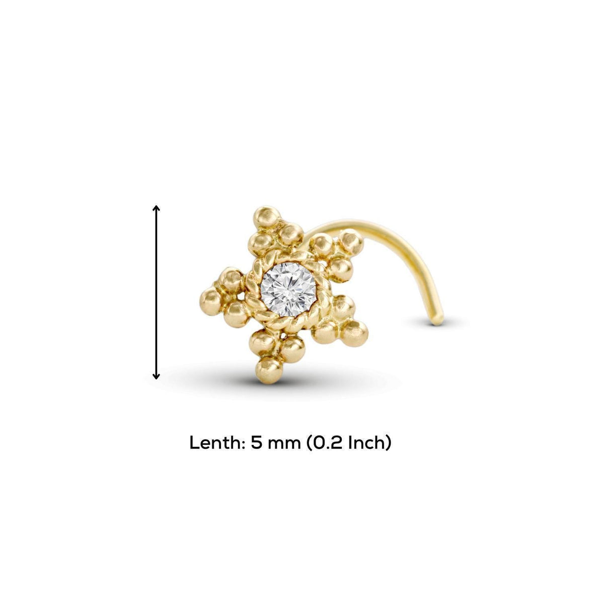 A gold-colored nose stud with a diamond in the center, accompanied by a measurement indicating the length of the nose stud is 5 millimeters (0.2 inches).