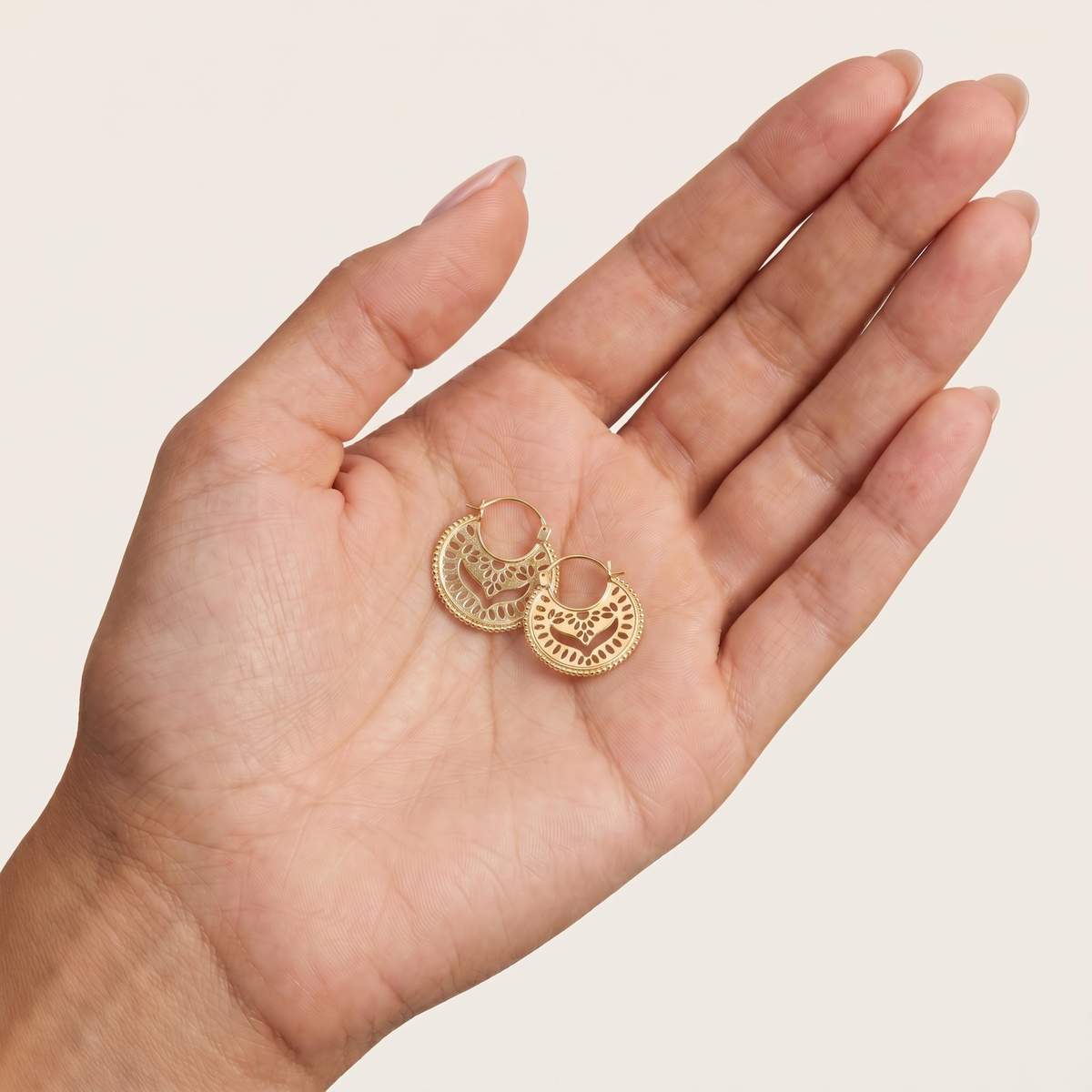 Solid 14k Gold Mandala Hoop Earrings — Boho Filigree