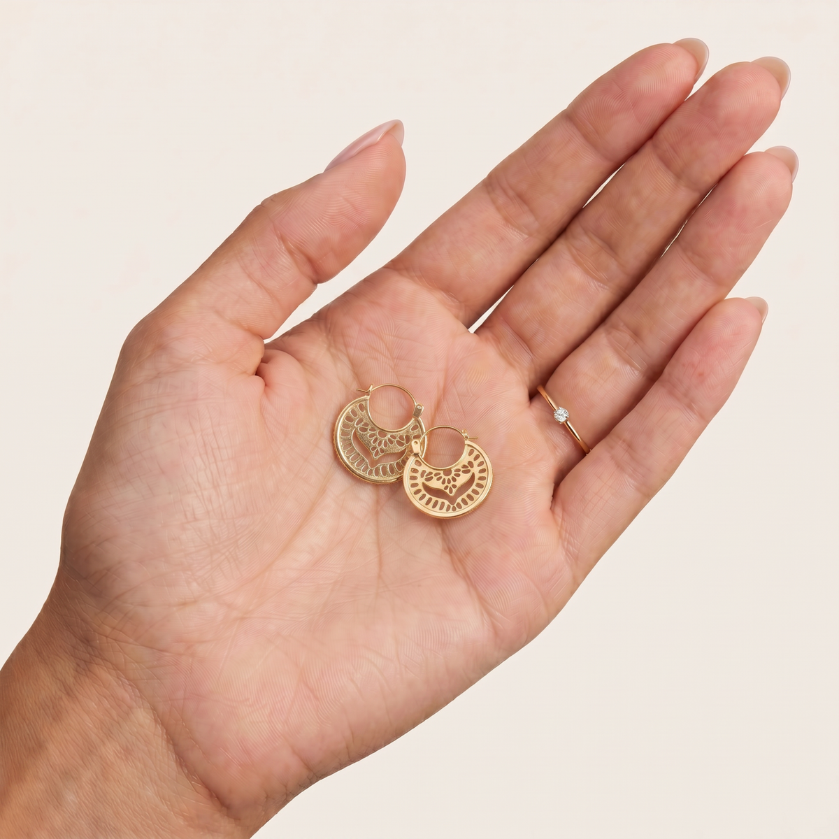 Solid 14k Gold Mandala Hoop Earrings — Boho Filigree Statement