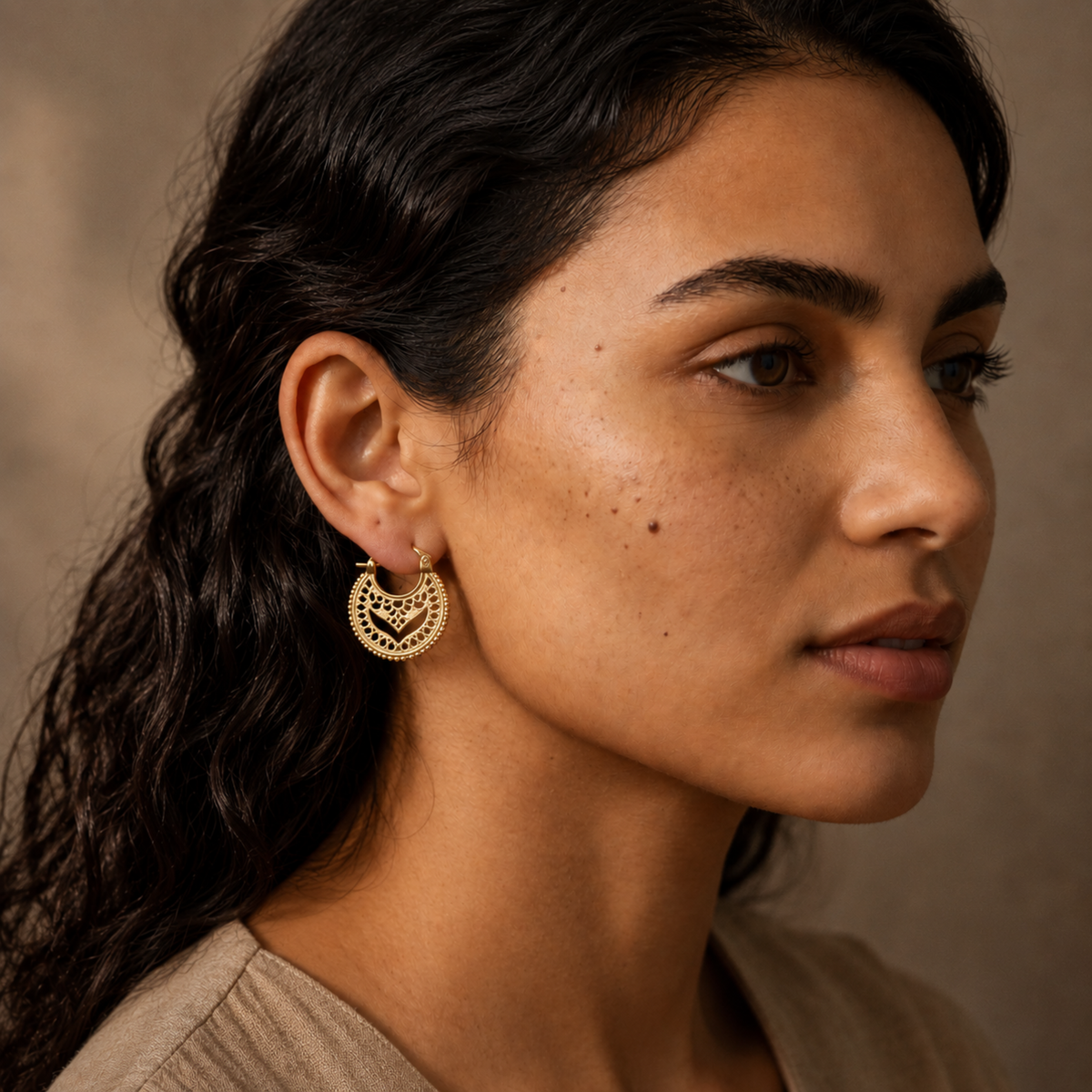 Solid 14k Gold Mandala Hoop Earrings — Boho Filigree
