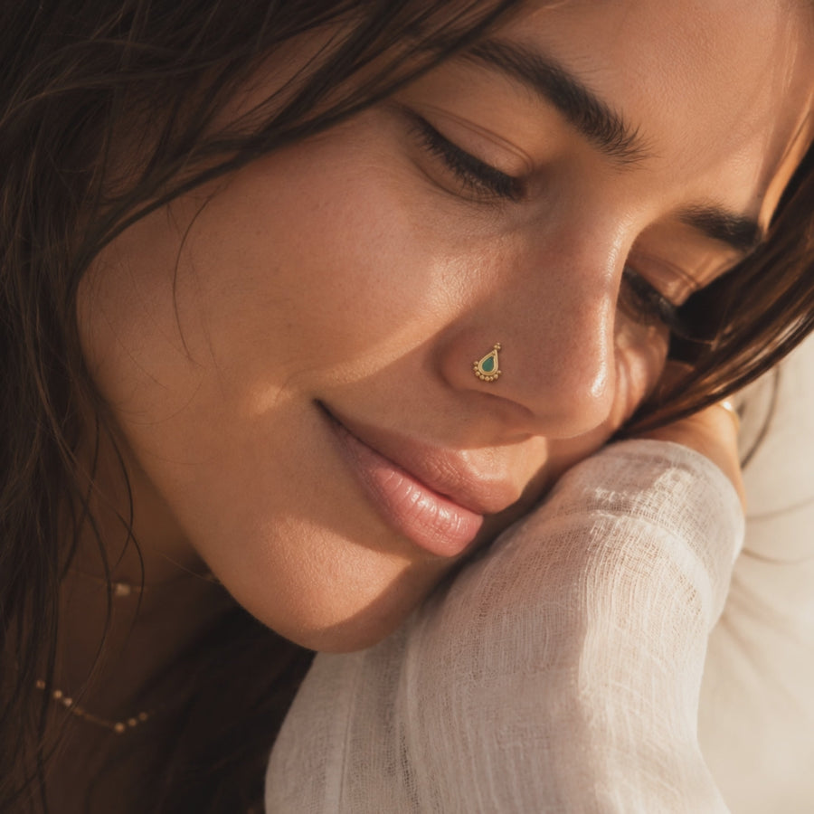 14k Yellow Gold Nose Stud - Indian Style Enamel Accent Screw Back Jewelry