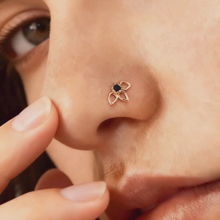 Flower Nose Stud - 14K Gold Nose Ring with Black Enamel | Dainty Handmade Jewelry