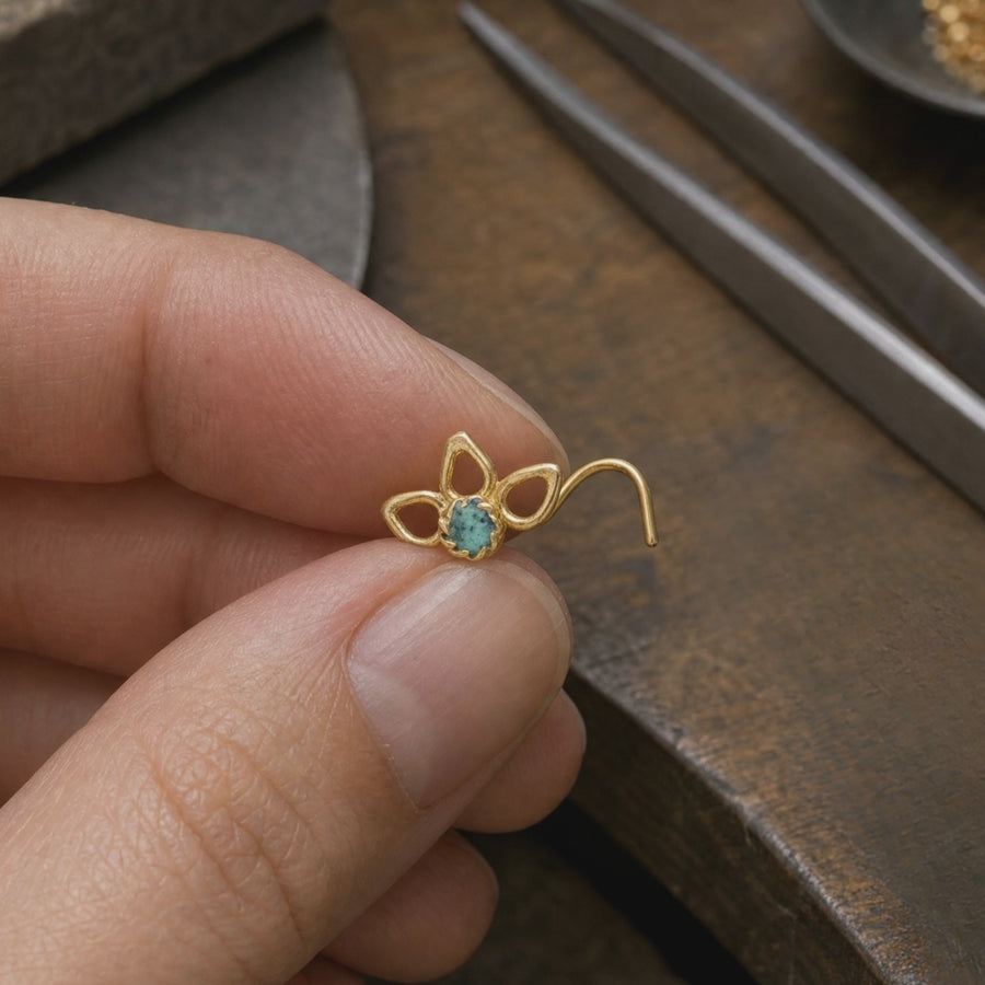 Gold Lotus Nose Stud, Solid 14K Gold Flower Nose Ring, Turquoise Enamel Nose Piercing, Handmade Floral Nose Stud, Botanical Jewelry